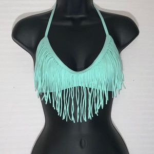 Teal fringe bikini top